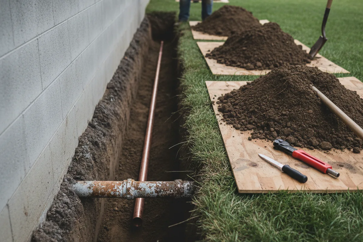 Excavated water line trench during Water Softener Installation in Otis